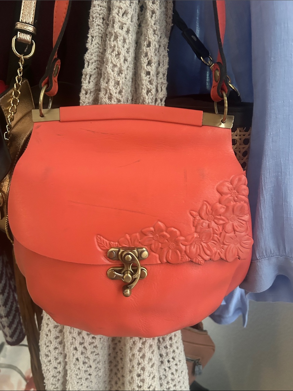 Patricia Nash Coral Floral Embossed Crossbody Bag with Antique Brass Hardware